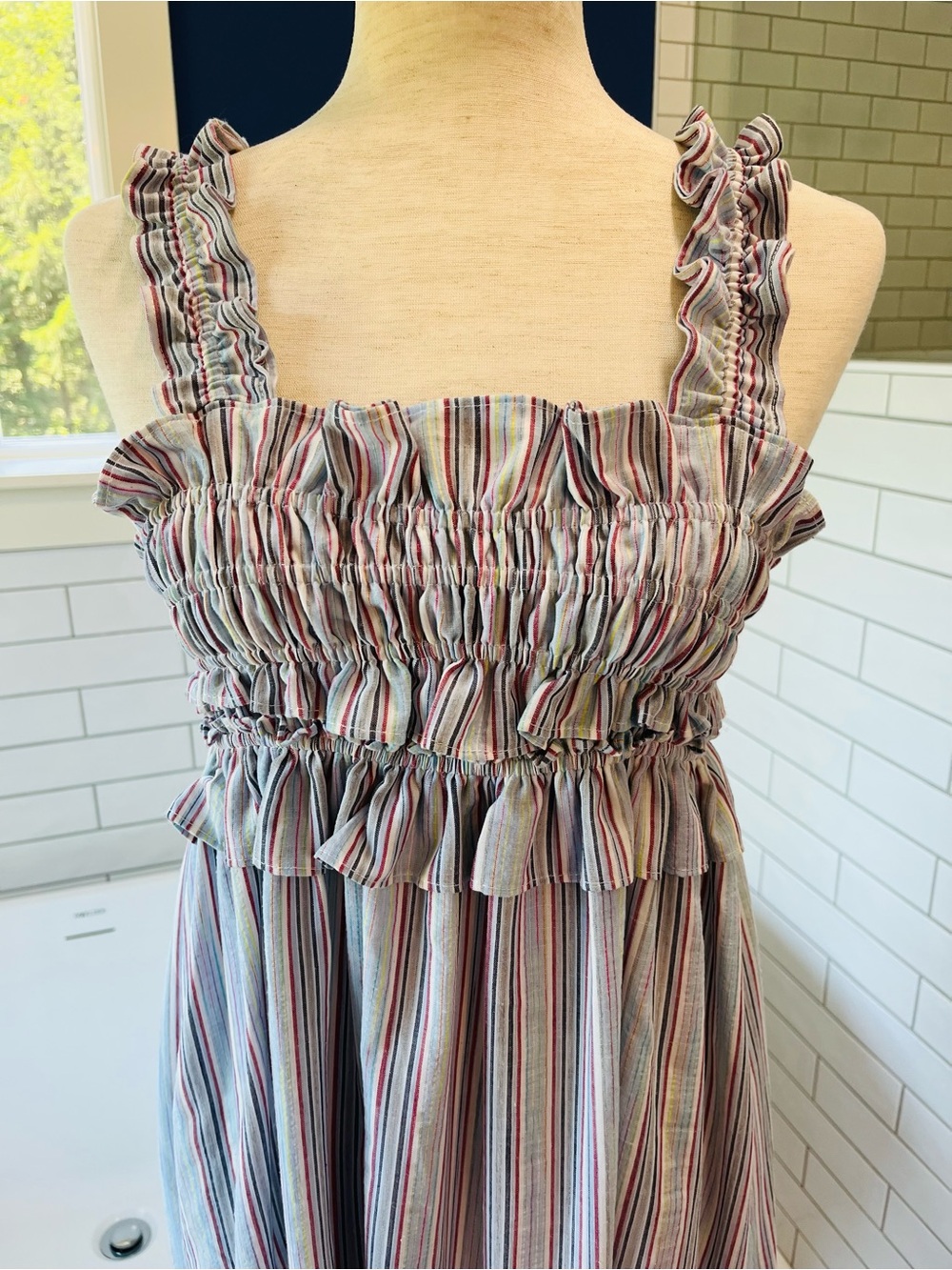 Camellia Striped Ruffle Smocked Midi Dress in red, white & blue.